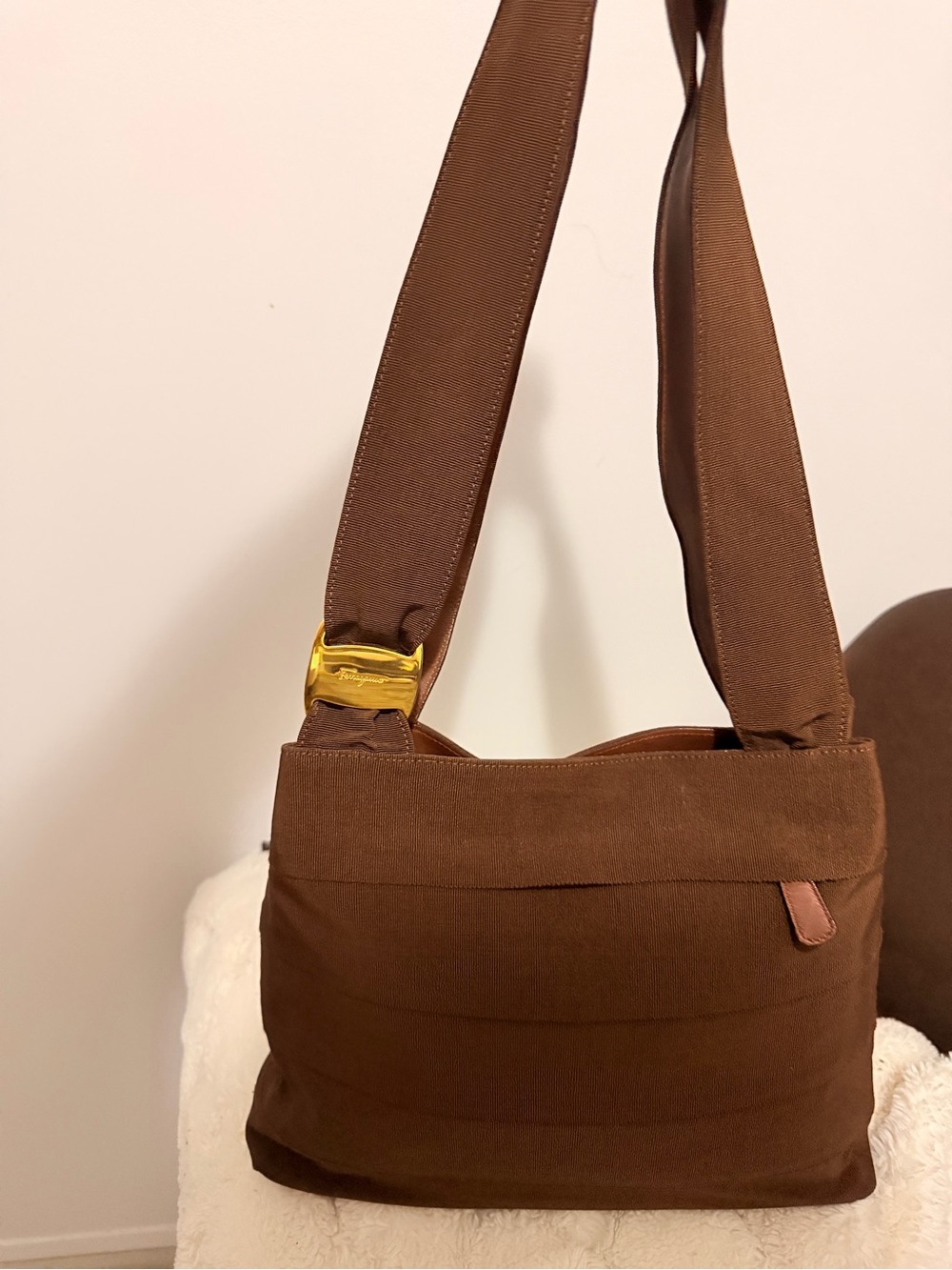 Salvatore Ferragamo Chocolate Brown Canvas Messenger with Gold Buckle